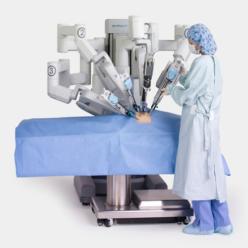 An image depicting futuristic surgical robots working alongside human surgeons in a collaborative healthcare setting, illustrating the potential advancements in medical technology. prompt