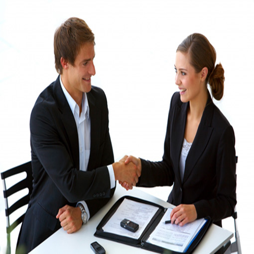 A person shaking hands with a representative from a well-known brand, symbolizing the potential for forming mutually beneficial partnerships with brands for sponsored content and collaborations. prompt